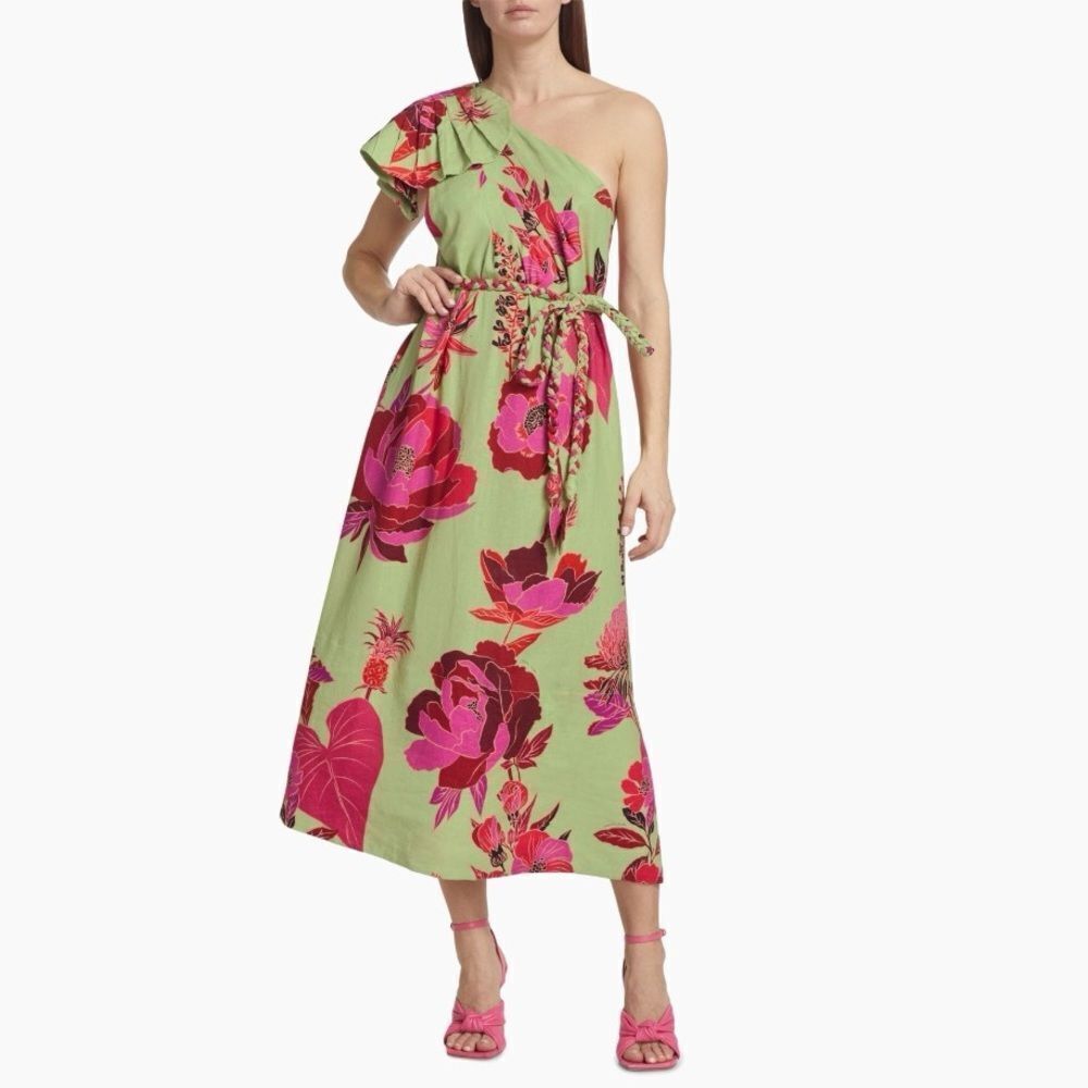 NWT FARM RIO Fresh Garden One-Shoulder Linen Floral Midi Dress Size S